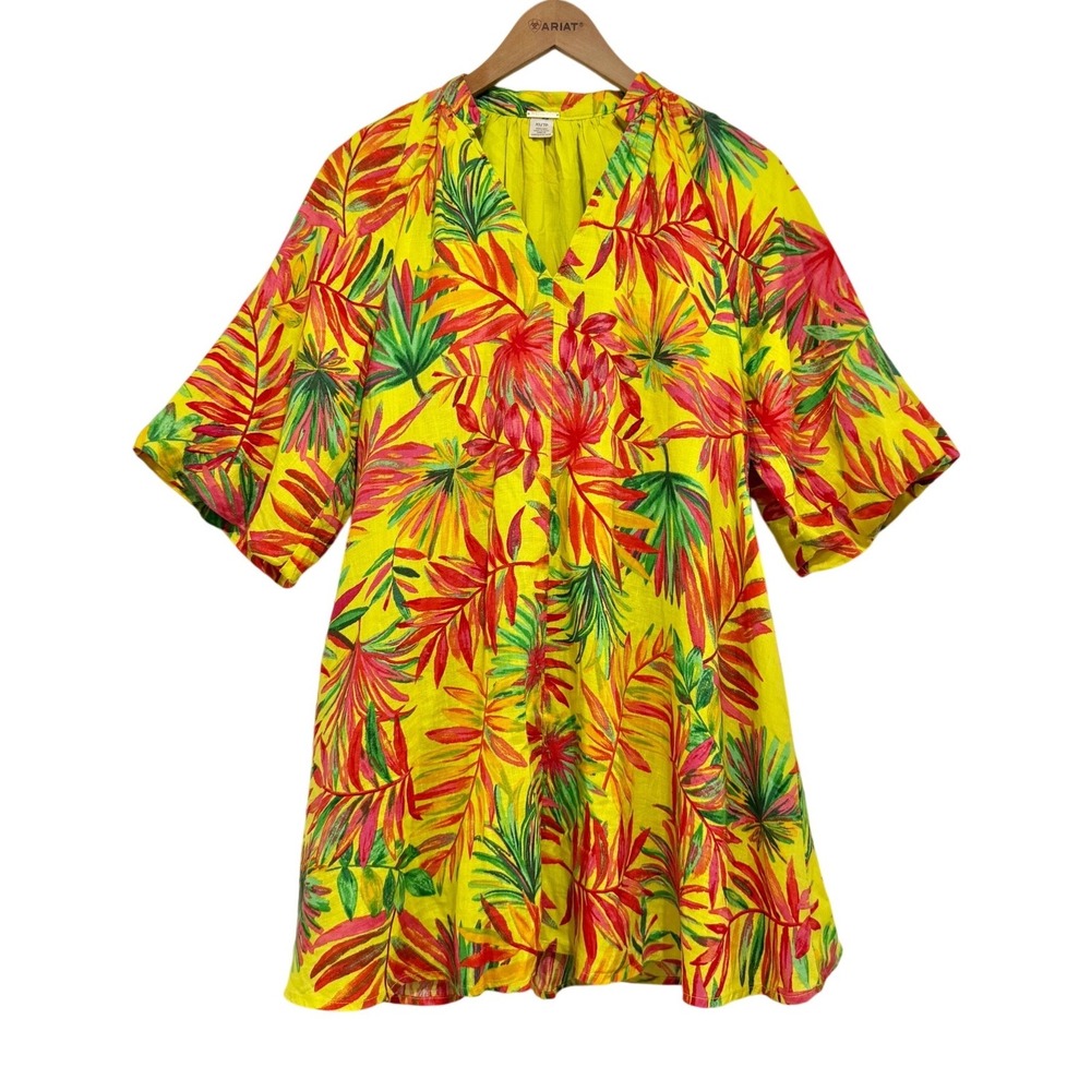 Magaschoni Yellow Tropical Linen Tunic Dress V-Neck Short Sleeve XS Pockets
